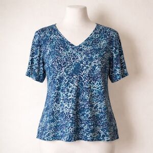 Chico's cotton knit Top Tee 2 L 12 14 V-neck blue teal white Circles Geometric